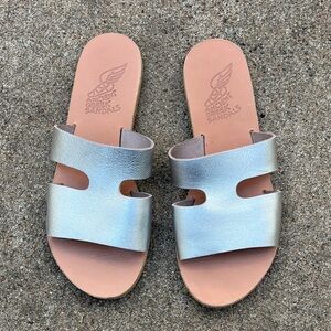 Ancient Greek Sandals Apteros Leather Slide Sandals Metallic Silver 38